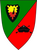 Ein zweifarbiges Wappen mit grünem und rotem Hintergrund zeigt Symbole einer Rakete und eines Panzers.