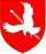 Ein weißer Adler fliegt nach rechts mit einem Pfeil durch das Herz auf einem roten Wappen, inspiriert von FlaRgt 6. 8./FlaRgt 6