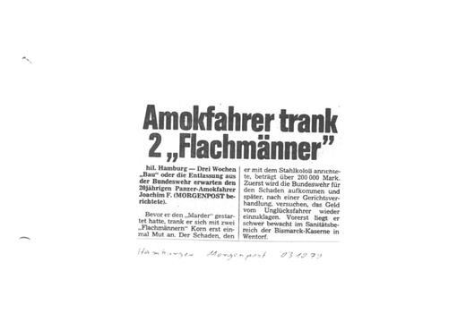 Ein Zeitungsartikel aus dem Jahr 1979 berichtet über einen Amokfahrer und seine Untersuchung im Bundeswehrkrankenhaus.