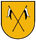 Ein gelbes Wappen zeigt zwei gekreuzte Lanzen mit schwarzen und weißen Fahnen.