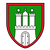Ein Wappen zeigt eine weiße Burg mit Türmen und Sternen auf grünem Hintergrund, umrahmt von einem roten Rand.