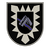 Ein Wappen zeigt ein stilisiertes Brückensymbol mit einem blauen Fluss, umgeben von einem gezackten Rand.