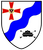 Ein Wappen zeigt ein rotes Kreuz mit Adler und einen stilisierten Panzer auf weißem Grund mit blauem Band.