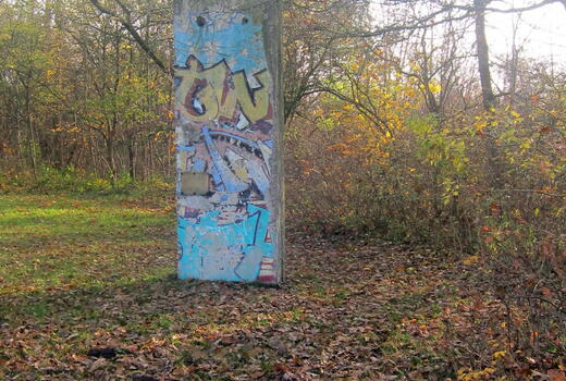 Ein bemalter Betonblock steht allein auf einer herbstlichen Wiese bei Stapelholmer Kaserne.