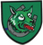Ein grünes Wappen zeigt einen Wolfskopf vor einem Hufeisen auf einem grünen Hintergrund, das Symbol der 2. Kompanie.