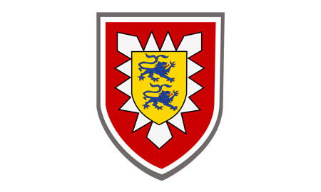 Das Bild zeigt ein Wappen mit zwei blauen Löwen auf gelbem Grund, umgeben von weißen und roten Formen.