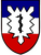 Ein Wappen zeigt einen roten, weißen und blauen Hintergrund mit einem schwarzen Äskulapstab im Zentrum.