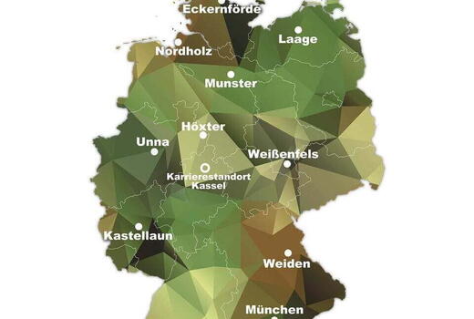 Karte von Deutschland mit Standorten für den "Tag der Bundeswehr" am 6. Juni 2026, inklusive Save-the-Date-Hinweis.