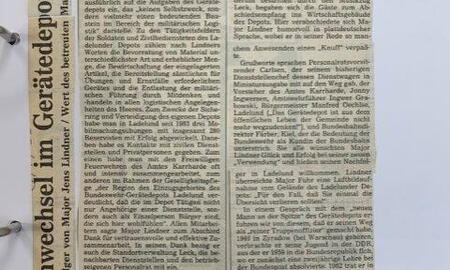 Zeitungsartikel über den Kommandantenwechsel im Gerätedepot Ladelund, datiert auf den 3. September 1986.