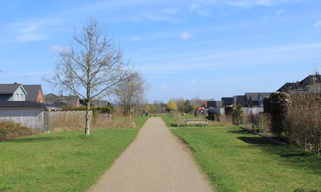 Ein ruhiger, sonniger Weg führt durch eine Wohnsiedlung mit Bäumen und Parkbank unter klarem, blauem Himmel.