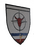 Ein Wappen mit einem roten Stierkopf und einem Blitzsymbol, das von einem Kreis mit vier Spitzen umgeben ist.
