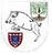 Ein Wappen zeigt ein springendes Wildschwein, begleitet von zwei kleineren Wappen mit einem Baum und einem Wappenschild.