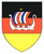 Ein Wappen zeigt ein stilisiertes Wikingerschiff mit rot-blauen Segeln auf einem dreifarbigen Hintergrund.