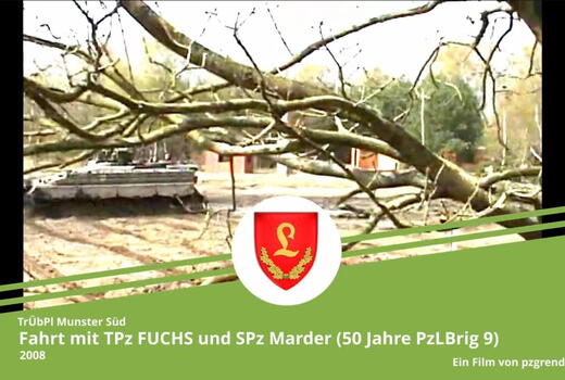 Ein militärisches Fahrzeug fährt durch einen bewaldeten Bereich bei Munster Süd, während Äste den Vordergrund dominieren.