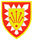 Ein rotes Wappen mit gelbem Schild zeigt fünf rote Pfeile und weiße Dreiecke an den Rändern.