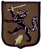 Ein gesticktes Wappen zeigt einen schwarzen, aufrecht stehenden Wolf mit einem Schwert und einem pink-grünen Blatt darunter.