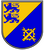 Ein zweigeteiltes Wappen zeigt zwei blaue Löwen und ein Zahnrad mit Schraubenschlüssel und Hammer auf gelbem und blauem Grund.