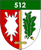 Ein Wappen zeigt eine weiße Schneeflocke, ein gelbes Schwert und ein grünes Eichenblatt mit der Zahl 512 oben.