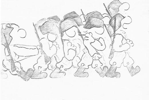 Eine Gruppe stilisierter, marschierender Figuren mit Hüten und Stöcken in einem künstlerischen Bleistiftentwurf.
