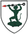 Ein grüner Teufel hält einen roten Speer auf einem weißen Wappen mit schwarzem Rand.