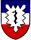 Ein Wappen zeigt einen roten, weißen und blauen Hintergrund mit einem schwarzen Äskulapstab im Zentrum.