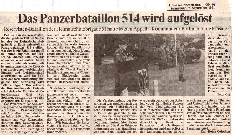 Zeitungsartikel Das Panzerbataillon 514 wird aufgelöst (1991)