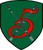 Ein grünes Wappen zeigt zwei gekreuzte Raketen mit einer großen roten Zahl 5 im Vordergrund. 5./FlaRgt 6