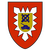Ein Wappen mit rotem Rand zeigt ein Zahnrad, gekreuzte Werkzeuge und einen Panzer auf einem gelben Schild.
