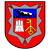 Ein rotes Wappen zeigt einen schwarzen Bären, ein weißes Tor und einen gelben Schlüssel, umrahmt von einem grauen Zackenrand.