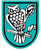 Ein stilisiertes Wappen zeigt eine Eule, die auf einem Ast sitzt, umgeben von einem türkisfarbenen Hintergrund.