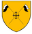 Ein gelbes Wappen zeigt zwei schwarze Hörner und ein zentrales Kreuz mit Lilie und Rosen.