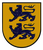 Ein goldenes Wappen zeigt zwei schwarze Löwen übereinander, die nach rechts blicken.