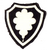 Ein schwarzes Schild zeigt ein weißes Symbol in Form eines stilisierten Eichenblatts, das an ein Wappen erinnert.