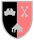 Ein Wappen zeigt links einen Panzer und ein Haus auf schwarzem Grund, rechts gekreuzte Pfeile auf rotem Grund.