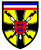 Ein Wappen mit zwei blauen Löwen auf rotem Schild, umgeben von gelben Blitzen und einer schwarz-weiß-blauen Flagge.
