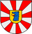 Ein Wappen mit einem blauen Bärenkopf auf gelbem Schild, umgeben von rot-weißen Strahlen.