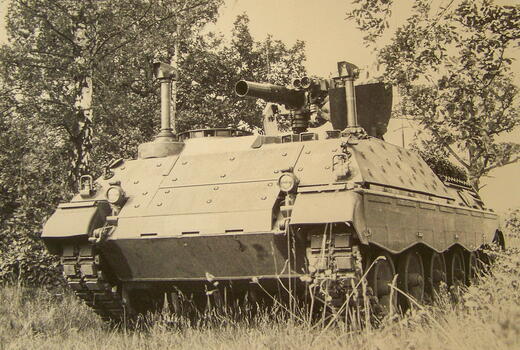 Ein gepanzerter Militärpanzer steht inmitten einer bewaldeten Landschaft, umgeben von dichtem Grün.
