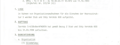 Ein offizielles Dokument von 1993 enthält den Befehl zur Auflösung der Stabskompanie Versorgungskommando 600.