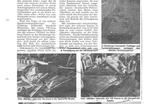 Zeitungsartikel von 1979 beschreibt eine Amokfahrt in Hamburg mit einem Marder-Panzer, die mehrere Fahrzeuge beschädigte.