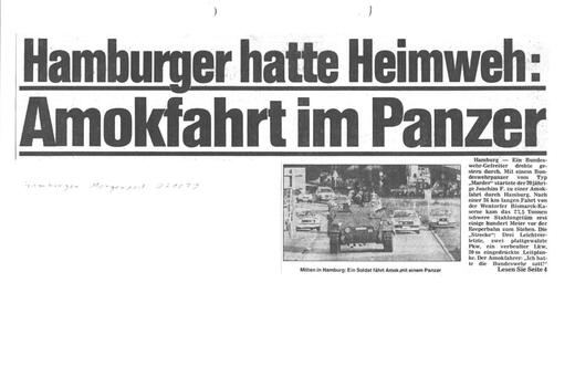 Ein Zeitungsartikel von 1979 berichtet über eine Amokfahrt eines "Marder"-Panzers in Hamburg.