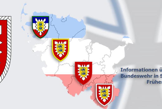 Eine Karte zeigt Schleswig-Holstein mit Wappen und Informationen zur Bundeswehr von früher bis heute.
