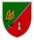Ein Wappen zeigt ein Schwert, ein Eichenblatt und ein Turm-Symbol auf geteiltem grün-rotem Hintergrund.