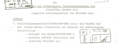 Ein offizielles Dokument von 1970 zeigt Anweisungen zur Aufstellung des Versorgungs­kommandos 600.