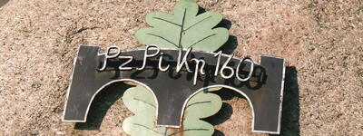 Ein schwarzes Schild mit der Aufschrift "PzPiKp 160" liegt auf einem großen Stein über einem grünen Eichenblatt.