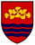 Ein rotes Wappen zeigt gelbe Blumen und blaue Wellenlinien, inspiriert von maritimer Symbolik.