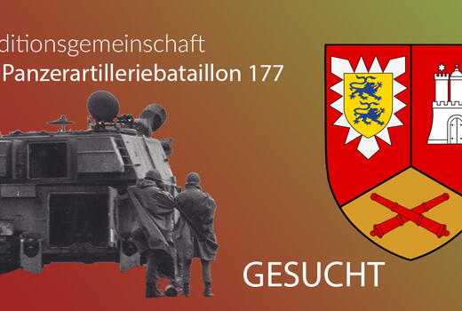 Ein Soldat steht neben einem Panzer mit dem Wappen des Panzerartilleriebataillons 177 auf einem farbigen Hintergrund.