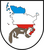 Ein Wappen zeigt eine Karte in Blau, Weiß und Rot mit einem Marder im Vordergrund.