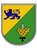 Ein Wappen zeigt einen blauen Löwen auf gelbem Hintergrund und ein Schwert mit Eichenlaub auf grünem Hintergrund.