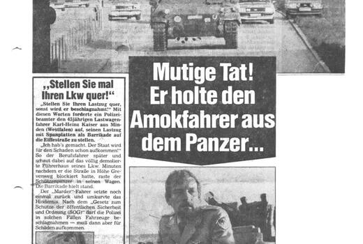 Ein Zeitungsartikel von 1979 zeigt einen Marder-Schützenpanzer in einer dramatischen Amokfahrt und den mutigen Eingriff.