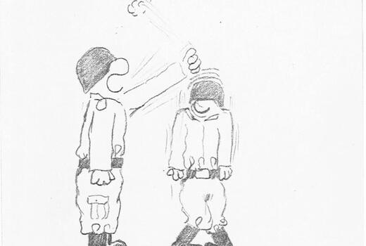 Ein gezeichneter Vorgesetzter hebt die Hand, um einen untergebenen Soldaten zu tadeln.